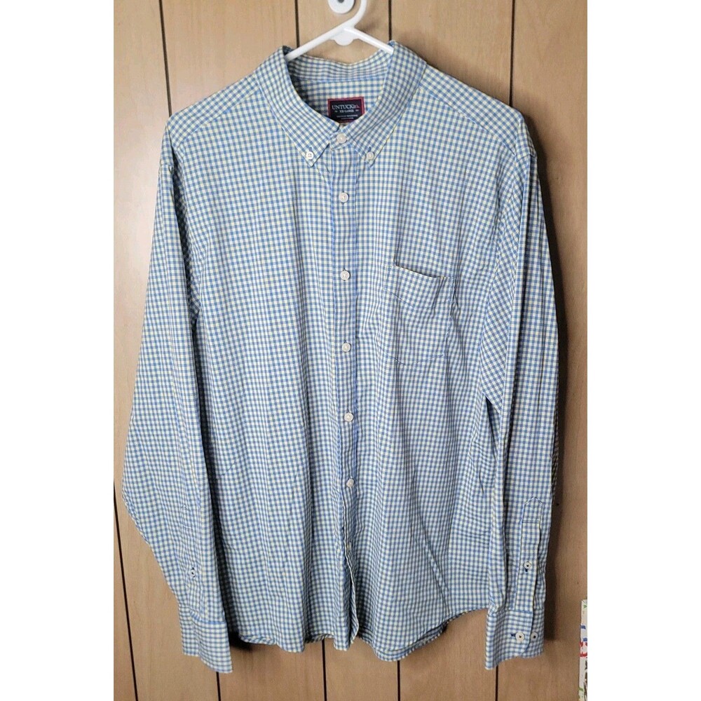 UNTUCKit Men's XXL Blue Yellow Gingham Check Button Front Shirt Stretch Casual